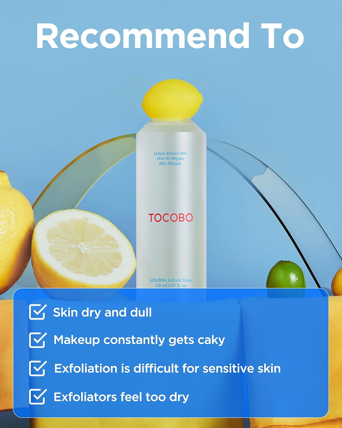bottle of TOCOBO AHA BHA Lemon Facial Toner 150 mL with a half cut lemon on it's side