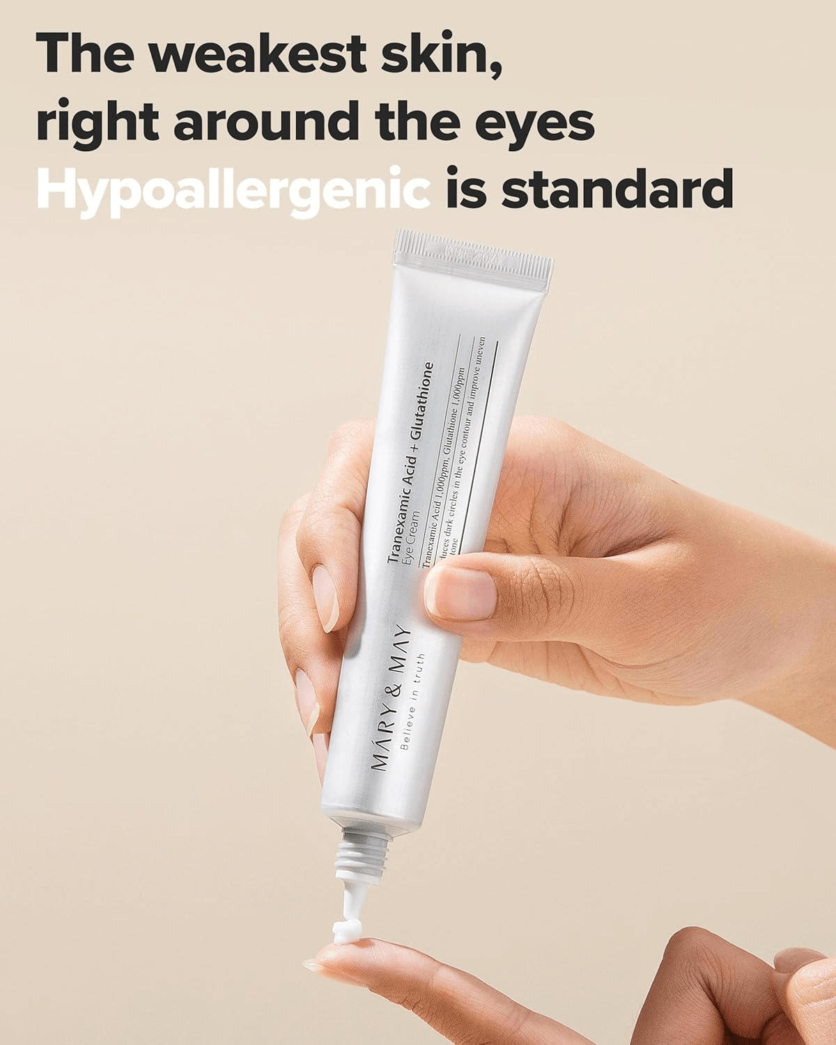 Mary&May Tranexamic Acid + Glutathione Eye Cream 30mL dispensed onto a finger
