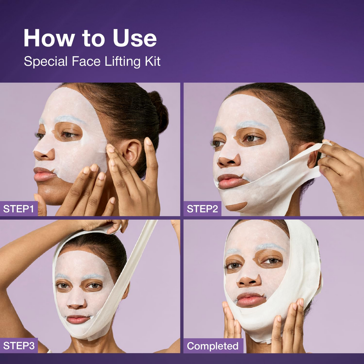 woman demonstrating how to use special face lifting kit