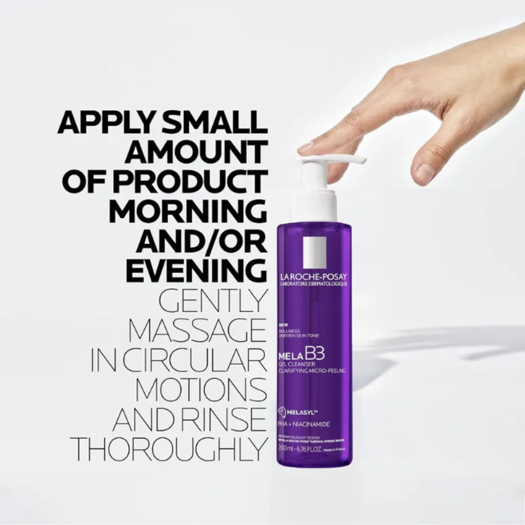 a hand touching La Roche-Posay Mela B3 Gel Cleanser