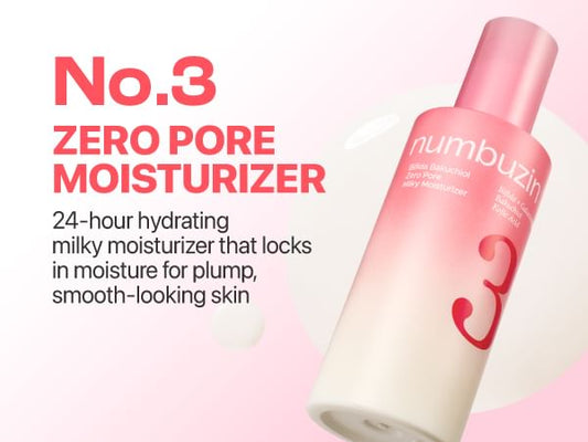 Numbuzin No.3 Bifida Bakuchiol Zero Pore Milky Moisturizer 150ml with Bifida, Galactomyces, Bakuchiol and Kojic Acid for pore care, hydration and smoother-looking skin in UAE.