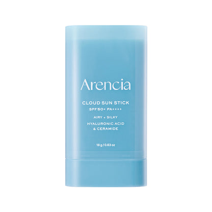 Arencia Cloud Sun Stick SPF50+ PA++++ 18g Korean sunscreen with Hyaluronic Acid, Ceramide and Cica-PDRN for hydrating UV protection, sebum control and a silky matte finish in UAE.