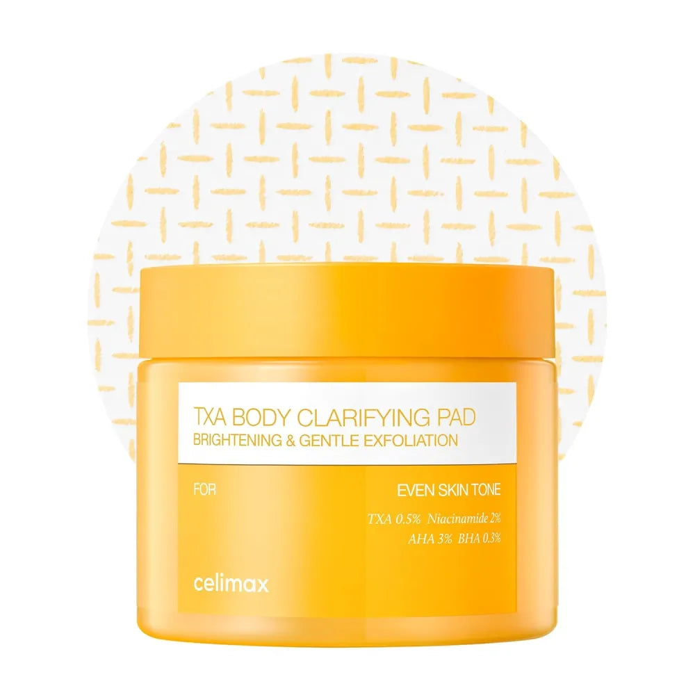Celimax TXA Body Clarifying Pad 50 Pads with 3% AHA, 0.5% Tranexamic Acid, 2% Niacinamide and 0.3% BHA for dark underarms, rough body texture and even skin tone in UAE.