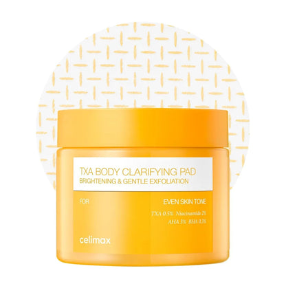 Celimax TXA Body Clarifying Pad 50 Pads with 3% AHA, 0.5% Tranexamic Acid, 2% Niacinamide and 0.3% BHA for dark underarms, rough body texture and even skin tone in UAE.