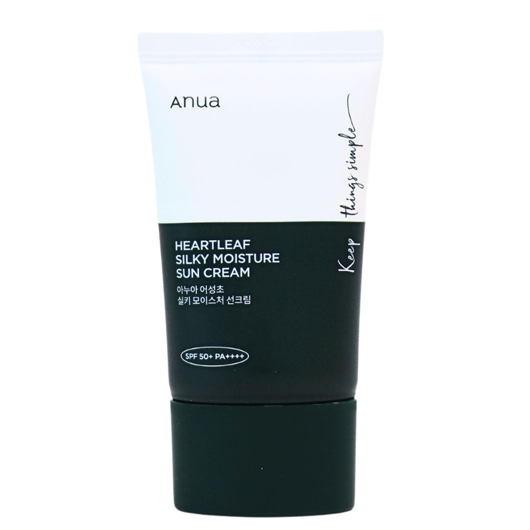 a tube bottle of Anua Heartleaf Silky Moisture Sun Cream