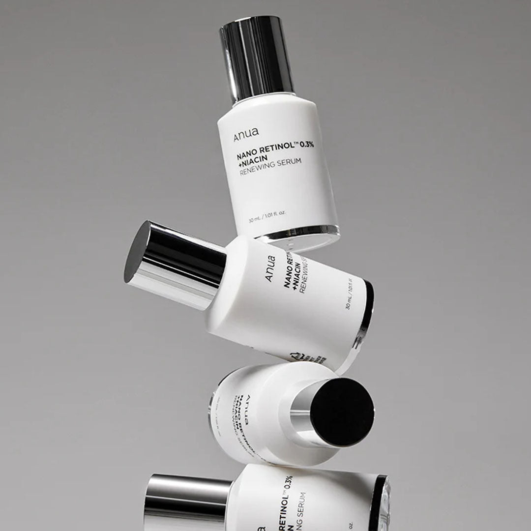 multiple bottles of Anua Nano Retinol 0.3% + Niacin Renewing Serum