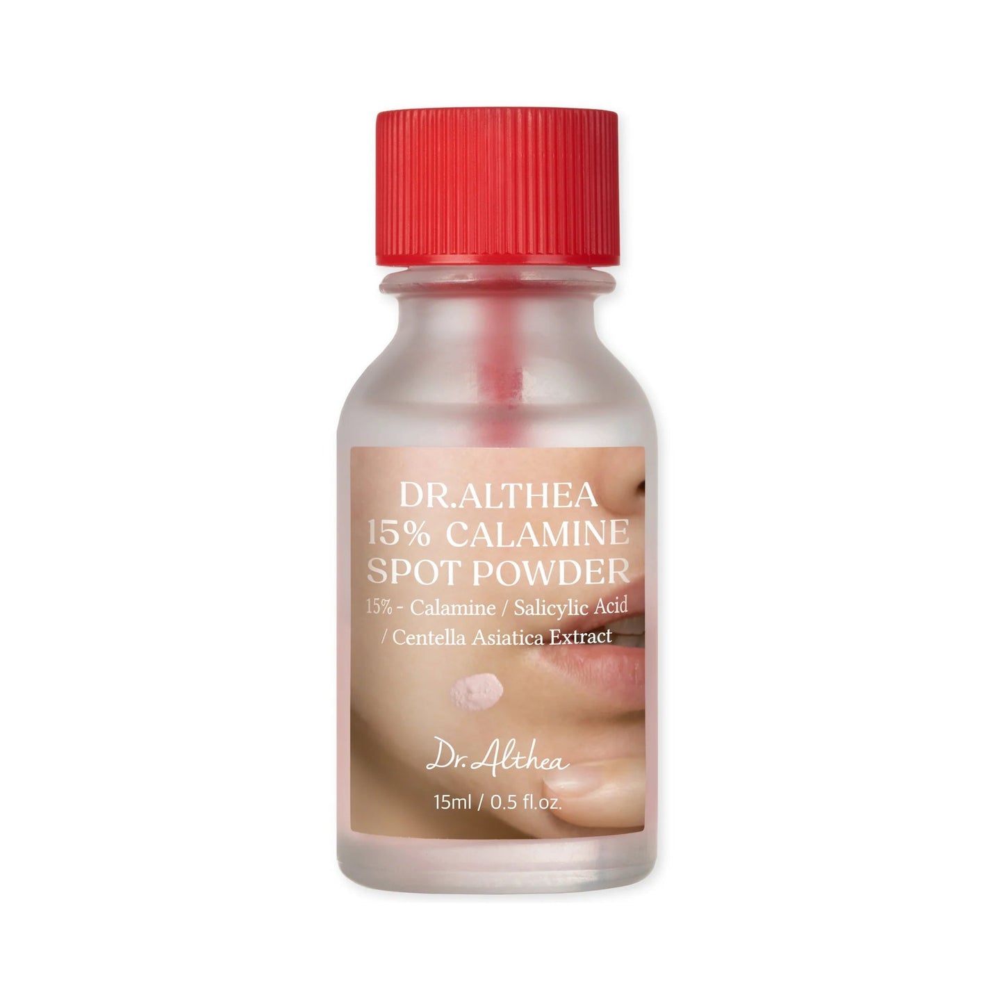 Dr. Althea 15% Calamine Spot Powder 15ml Korean acne spot treatment with Calamine, Salicylic Acid, and Centella Asiatica for blemish care, oil control, and redness reduction available in UAE.