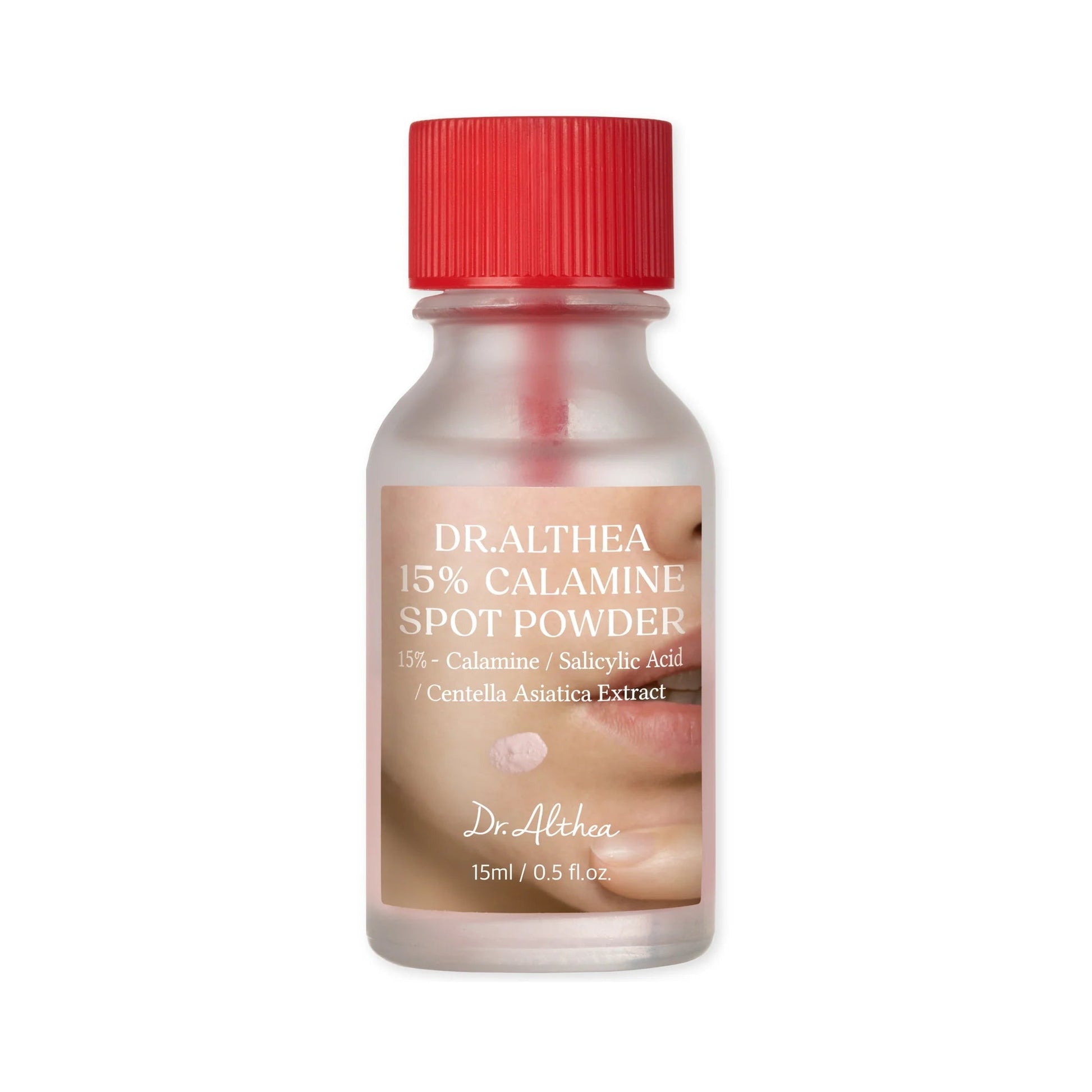 Dr. Althea 15% Calamine Spot Powder 15ml Korean acne spot treatment with Calamine, Salicylic Acid, and Centella Asiatica for blemish care, oil control, and redness reduction available in UAE.
