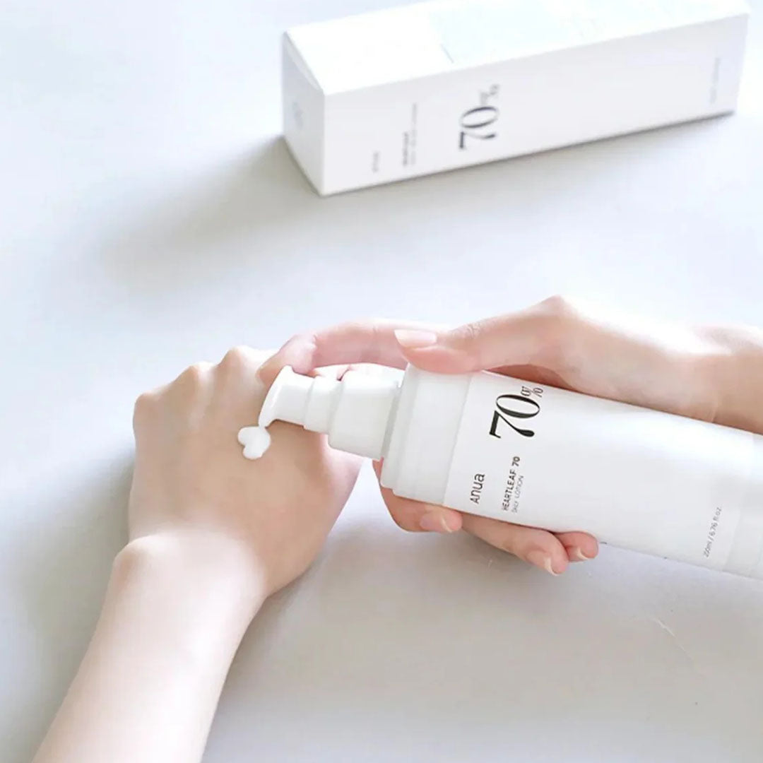 Anua heartleaf 70% Daily Relief Lotion 200 mL being applied on a hand