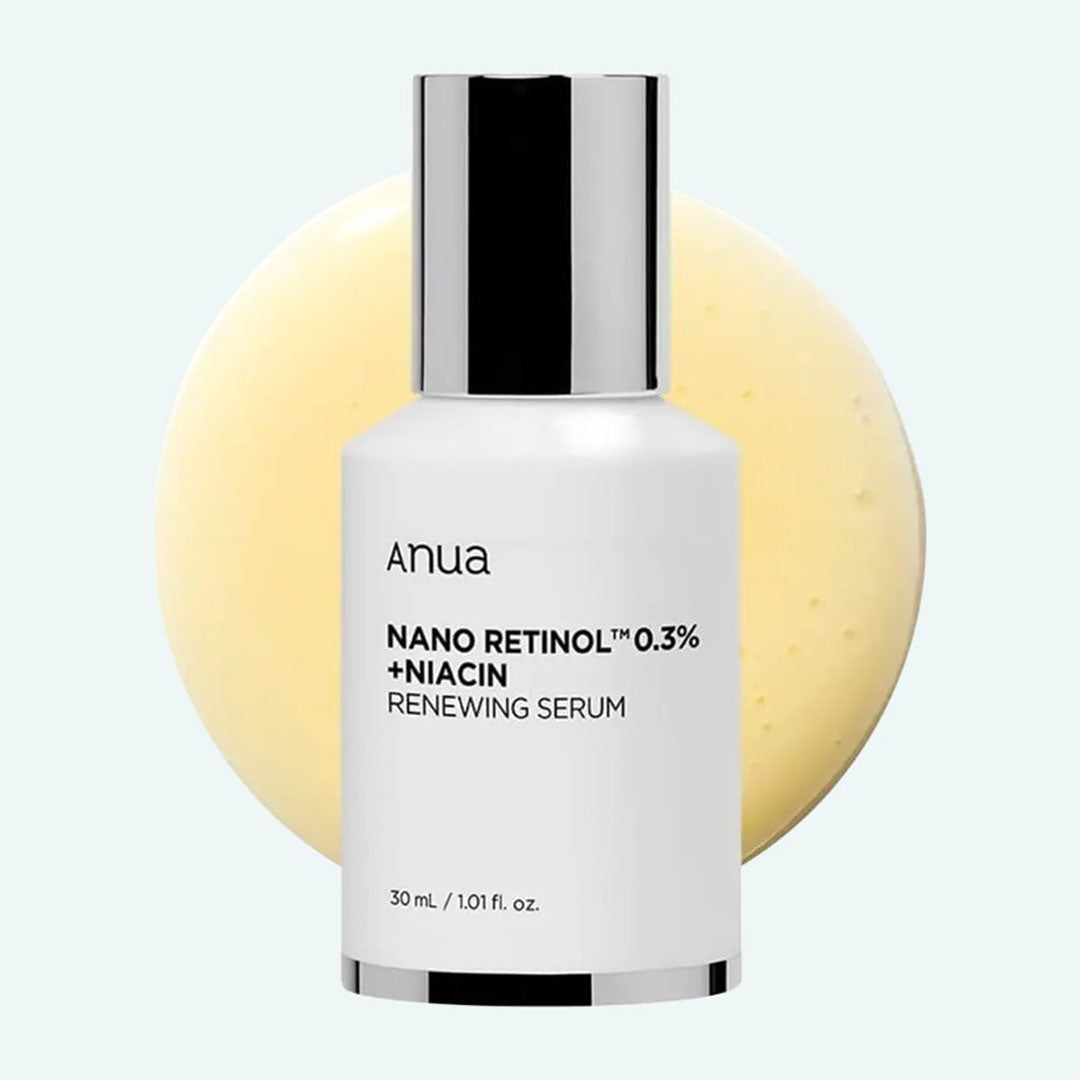Anua Nano Retinol 0.3% + Niacin Renewing Serum with product in the background