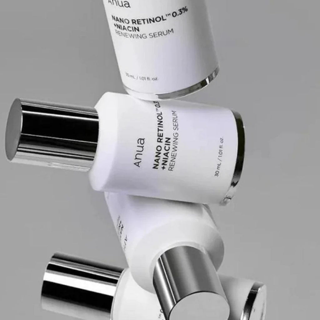 multiple bottles of Anua Nano Retinol 0.3% + Niacin Renewing Serum together
