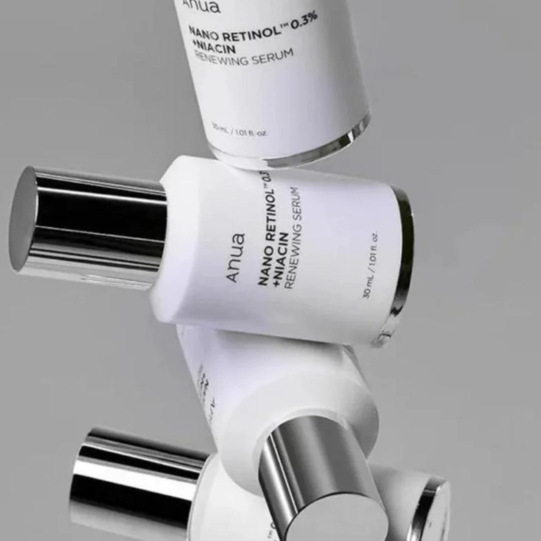 multiple bottles of Anua Nano Retinol 0.3% + Niacin Renewing Serum together