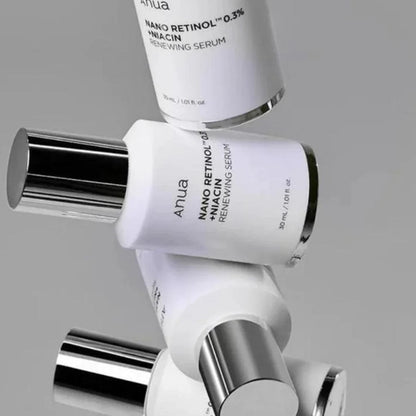 multiple bottles of Anua Nano Retinol 0.3% + Niacin Renewing Serum together