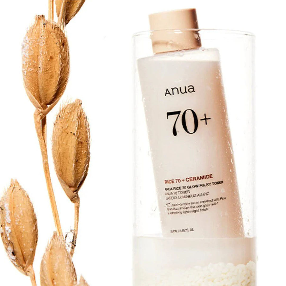 Anua Rice 70 Glow Milky Toner 250 mL in a glass