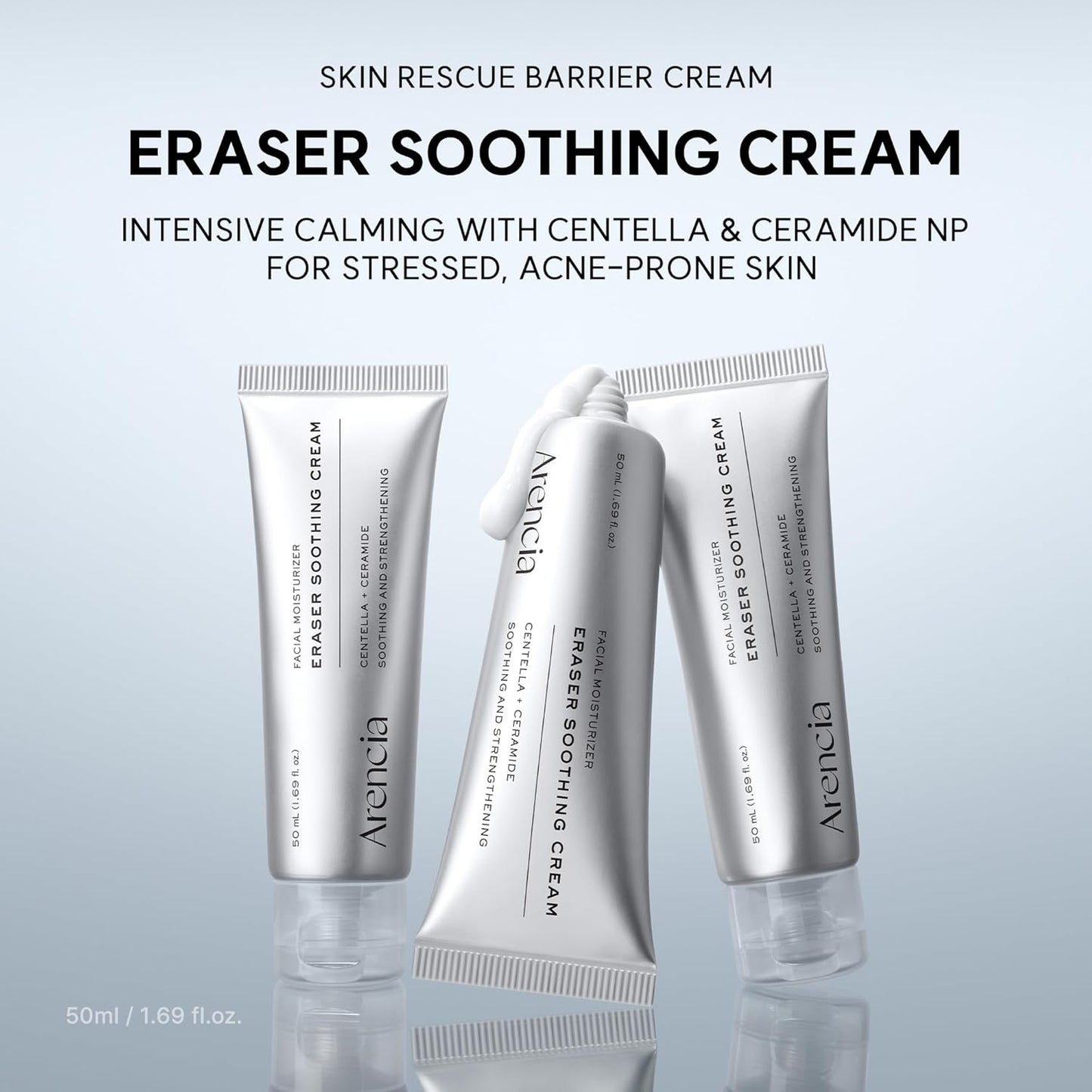 Arencia Eraser Soothing Cream 50ml Korean moisturizer with Centella, Ceramide, Panthenol and Hyaluronic Acid for sensitive skin, soothing hydration and moisture-barrier support in UAE.