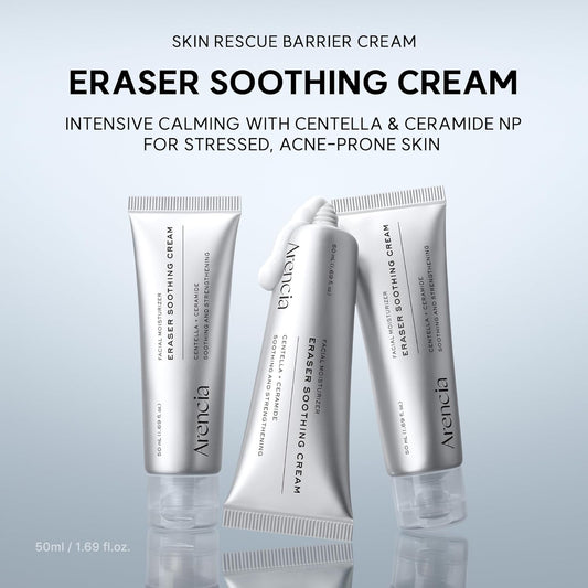 Arencia Eraser Soothing Cream 50ml Korean moisturizer with Centella, Ceramide, Panthenol and Hyaluronic Acid for sensitive skin, soothing hydration and moisture-barrier support in UAE.