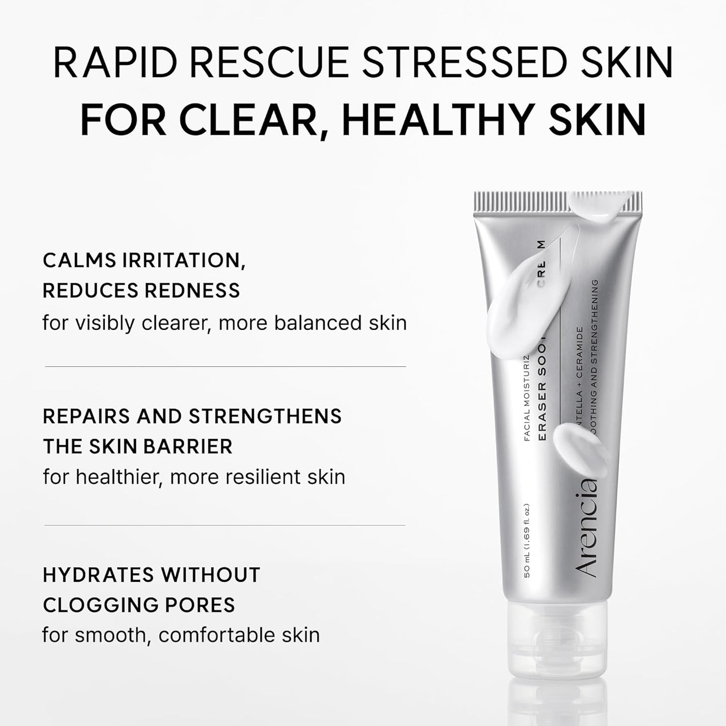 Arencia Eraser Soothing Cream 50ml Korean moisturizer with Centella, Ceramide, Panthenol and Hyaluronic Acid for sensitive skin, soothing hydration and moisture-barrier support in UAE.