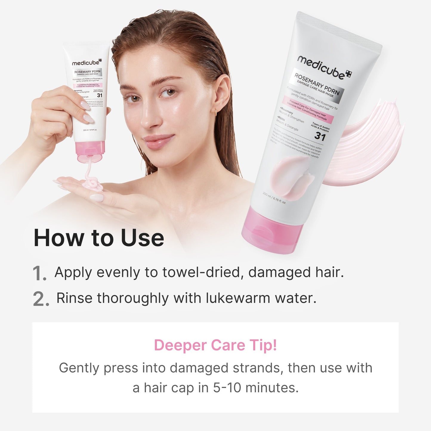 Medicube Rosemary PDRN Damage Care Hair Mask 200ml with PDRN, Rosemary and 31 amino acids and proteins for damaged, frizzy, brittle hair, breakage and split-end care in UAE.