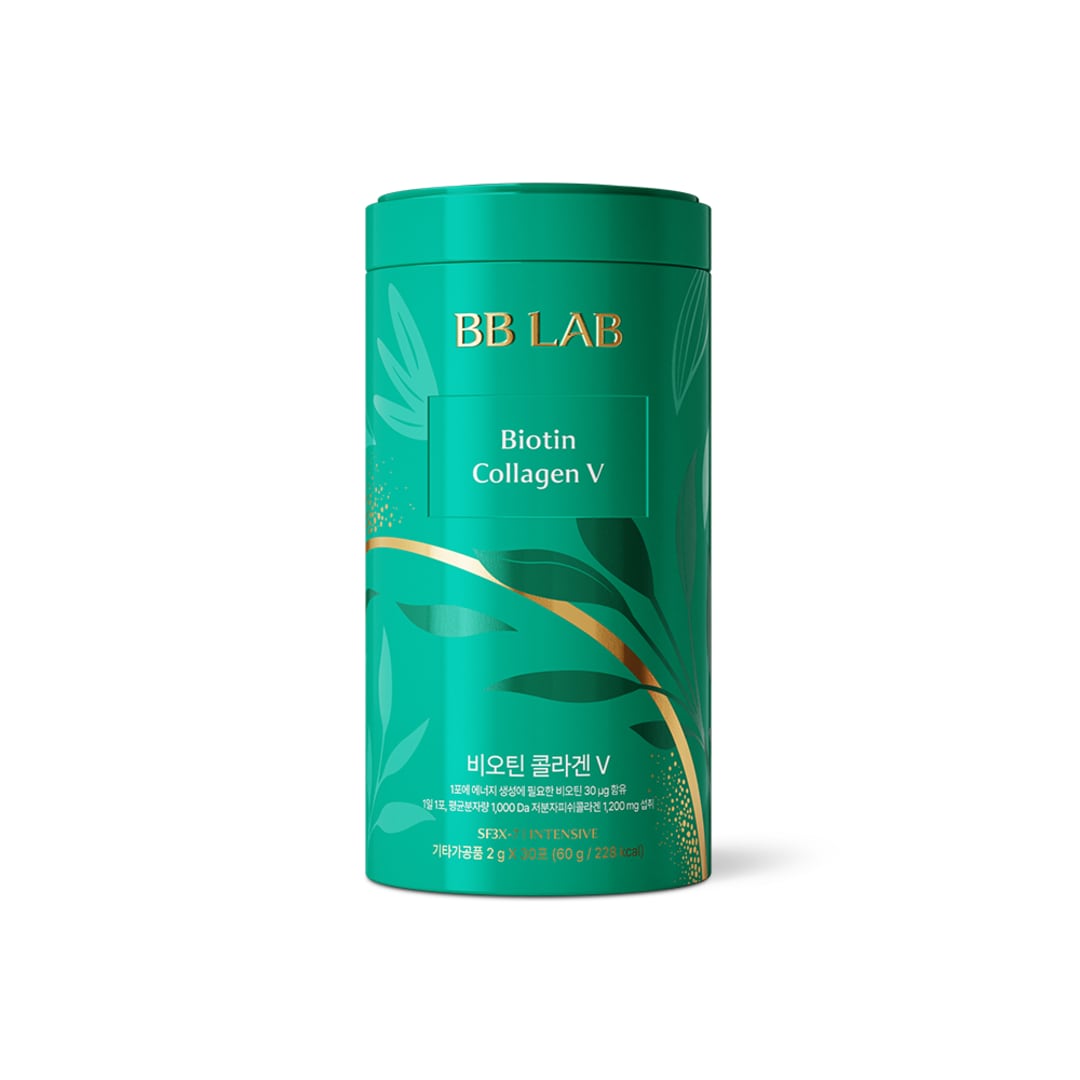 BB LAB Biotin Collagen V Intensive Korean fish collagen powder with Biotin, Vitamin C, Hyaluronic Acid and Elastin in 30 Shine Muscat flavour sachets available in UAE.