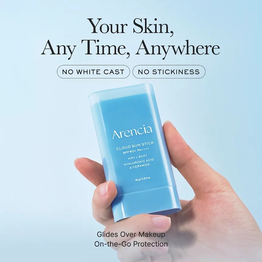 Arencia Cloud Sun Stick SPF50+ PA++++ 18g Korean sunscreen with Hyaluronic Acid, Ceramide and Cica-PDRN for hydrating UV protection, sebum control and a silky matte finish in UAE.