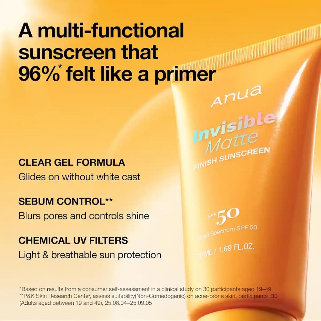 Anua Invisible Matte Finish Sunscreen SPF50 PA++++ 50ml Korean facial sunscreen with no white cast, sebum control and pore-blurring matte finish available in UAE.