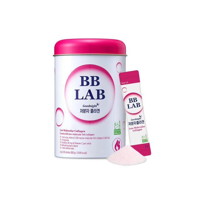 BB LAB Goodnight Low Molecular Collagen Korean berry-flavoured powder supplement with 1,200K-Belle Bliss fish collagen, Vitamin C and glycine in 30 nighttime sticks available in UAE.