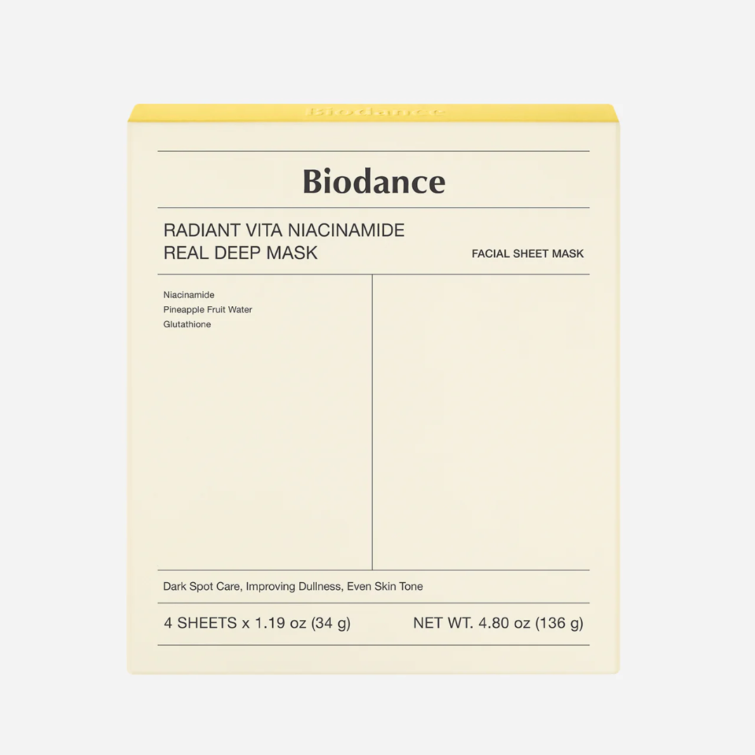 box packaging of BIODANCE Radiant Vita Niacinamide Real Deep Mask 