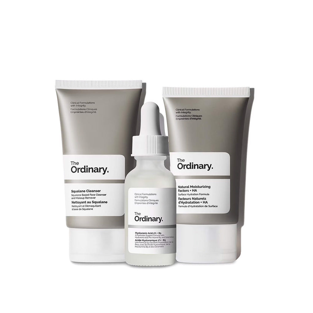 set of The Ordinary skincare products, including cleanser, moisturizer, and serum