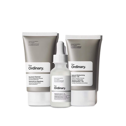 set of The Ordinary skincare products, including cleanser, moisturizer, and serum