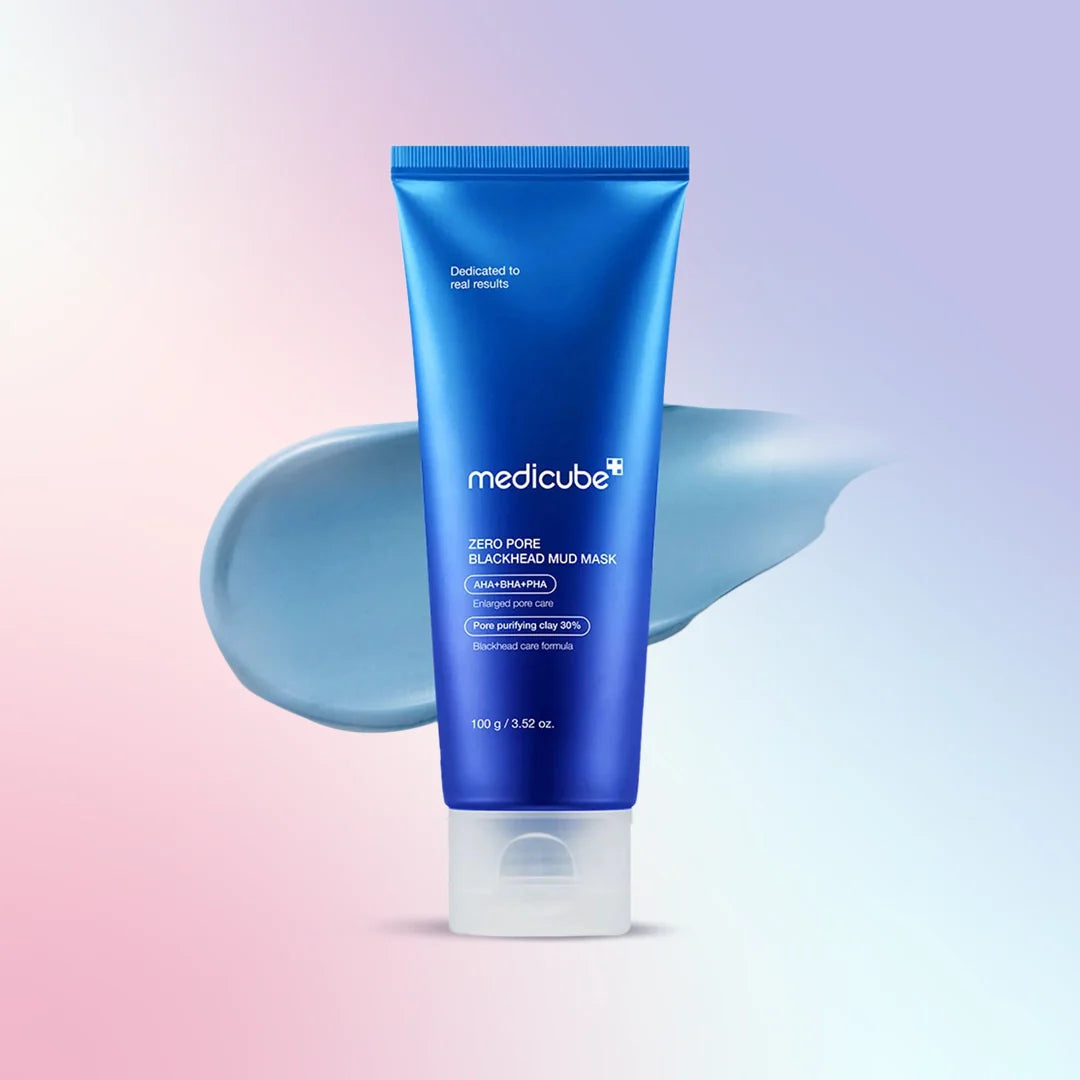 a tube of medicube zero pore blackhead mud mask with product swatch