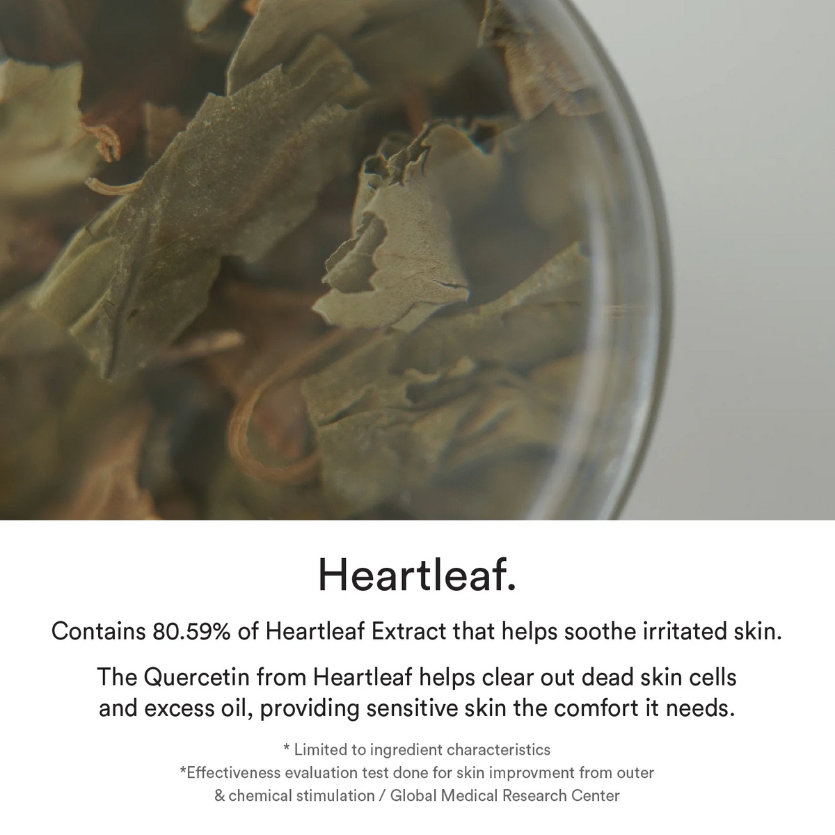 Glass container with heartleaf extract and text about its benefits.