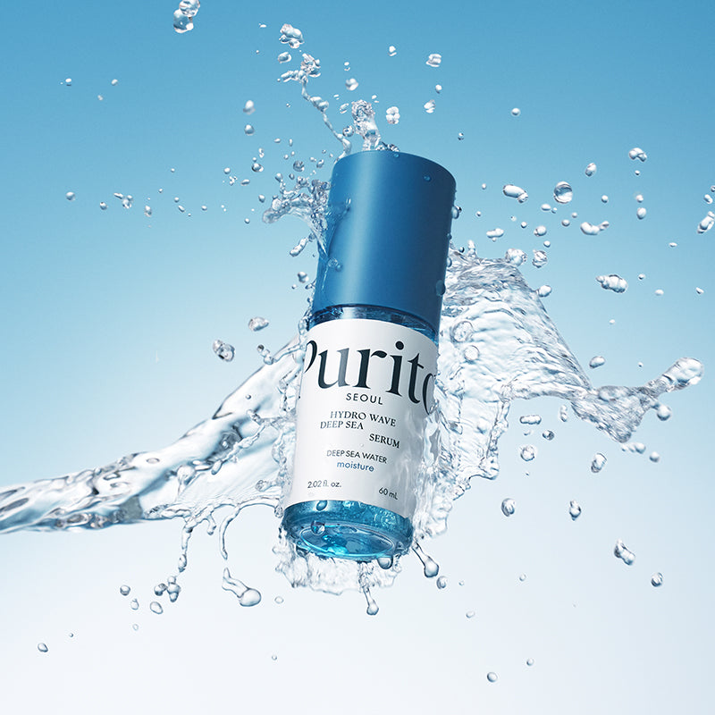 PURITO SEOUL Hydro Wave Deep Sea Serum bottle with water splash