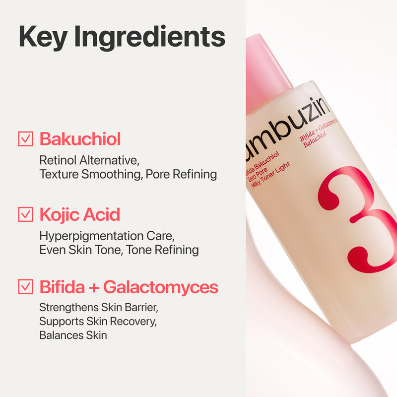Numbuzin No.3 Bifida Bakuchiol Zero Pore Milky Toner Light 200ml with Bifida, Galactomyces, Bakuchiol and Kojic Acid for pore refining, hydration and sensitive skin care in UAE.