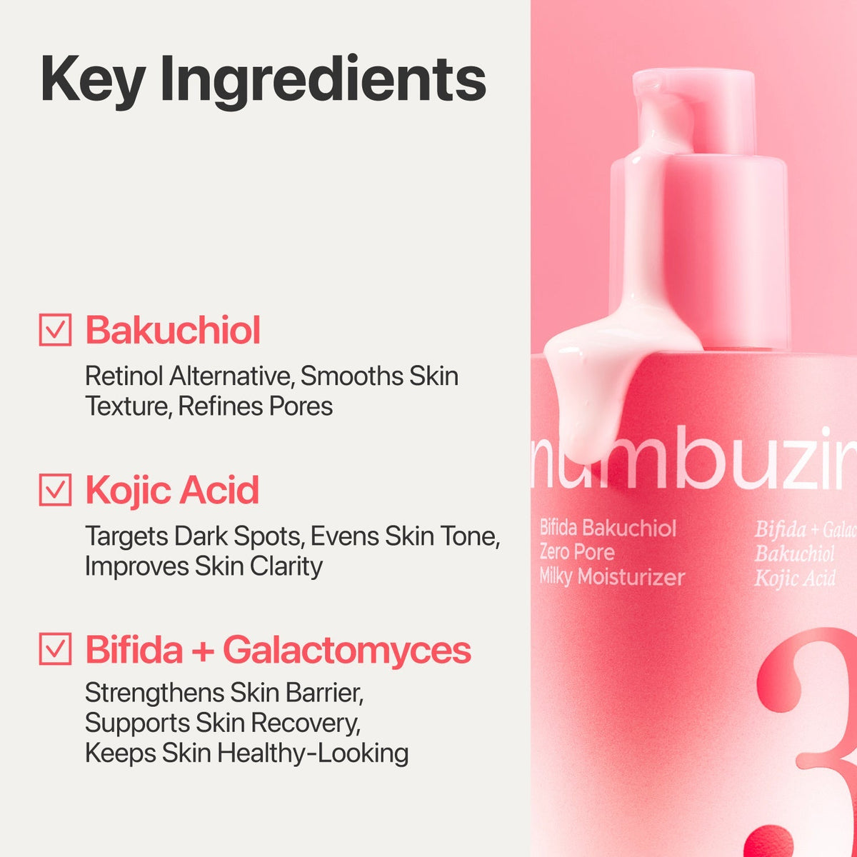Numbuzin No.3 Bifida Bakuchiol Zero Pore Milky Moisturizer 150ml with Bifida, Galactomyces, Bakuchiol and Kojic Acid for pore care, hydration and smoother-looking skin in UAE.