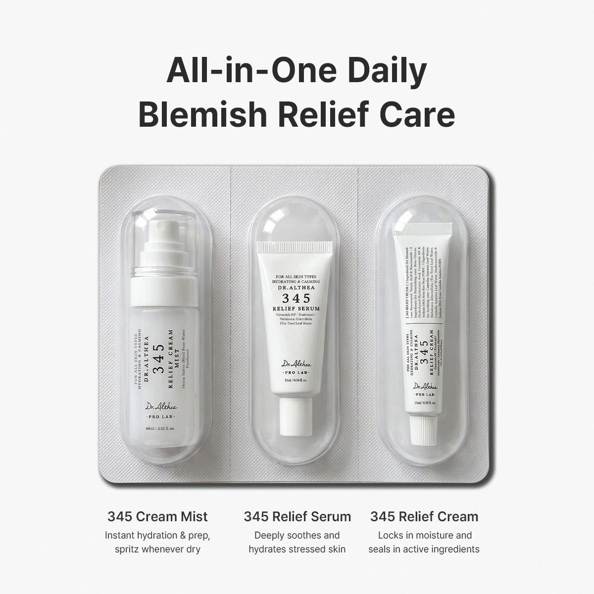 Dr. Althea 345 Relief Travel Set with Cream Mist 60ml, Relief Serum 15ml and Relief Cream 15ml for soothing hydration, PDRN and skin barrier care in UAE.