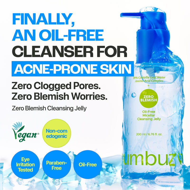 Numbuzin Zero Blemish Oil-Free Micellar Cleansing Jelly 200ml with 39% Centella Leaf Water, Amino Acid Complex and Ectoin for gentle makeup, sunscreen and blemish-prone skin cleansing in UAE.