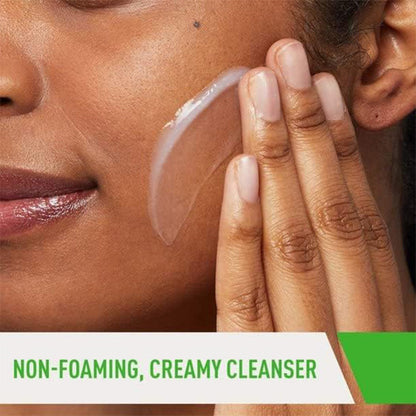 close-up of a woman applying CeraVe Hydrating Cleanser