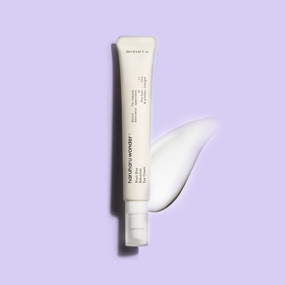 haruharu Bakuchiol Eye Cream tube with product swatch