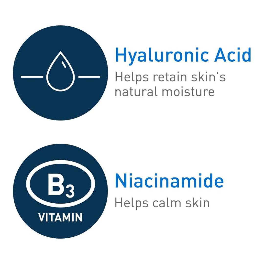 Hyaluronic acid and niacinamide helps calm skin and retain moisture