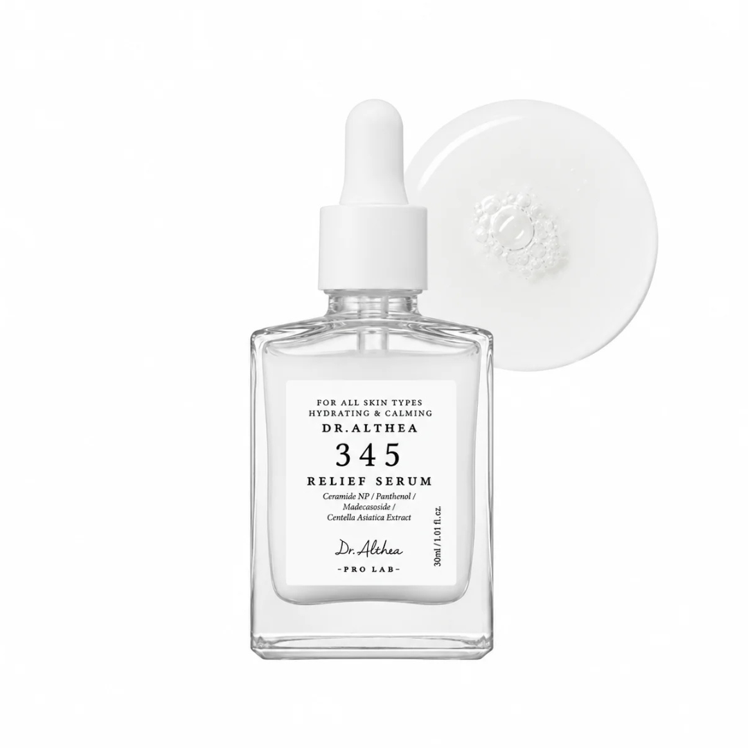 Dr. Althea 345 Relief Serum 30ml Korean calming serum with PDRN, Ceramide NP, Panthenol, Tea Tree Leaf Water and Niacinamide for sensitive, dehydrated and blemish-prone skin in UAE.