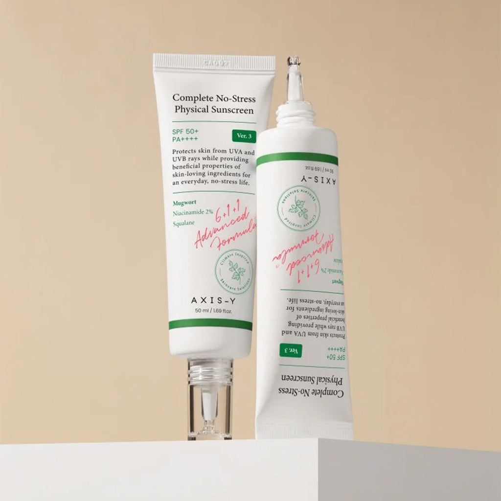 two tubes of AXIS-Y Complete No-Stress Physical Sunscreen