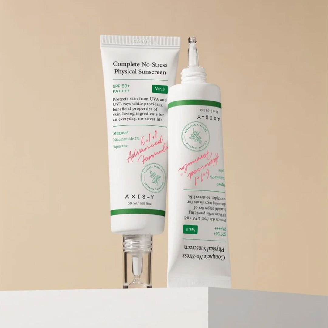 two tubes of AXIS-Y Complete No-Stress Physical Sunscreen
