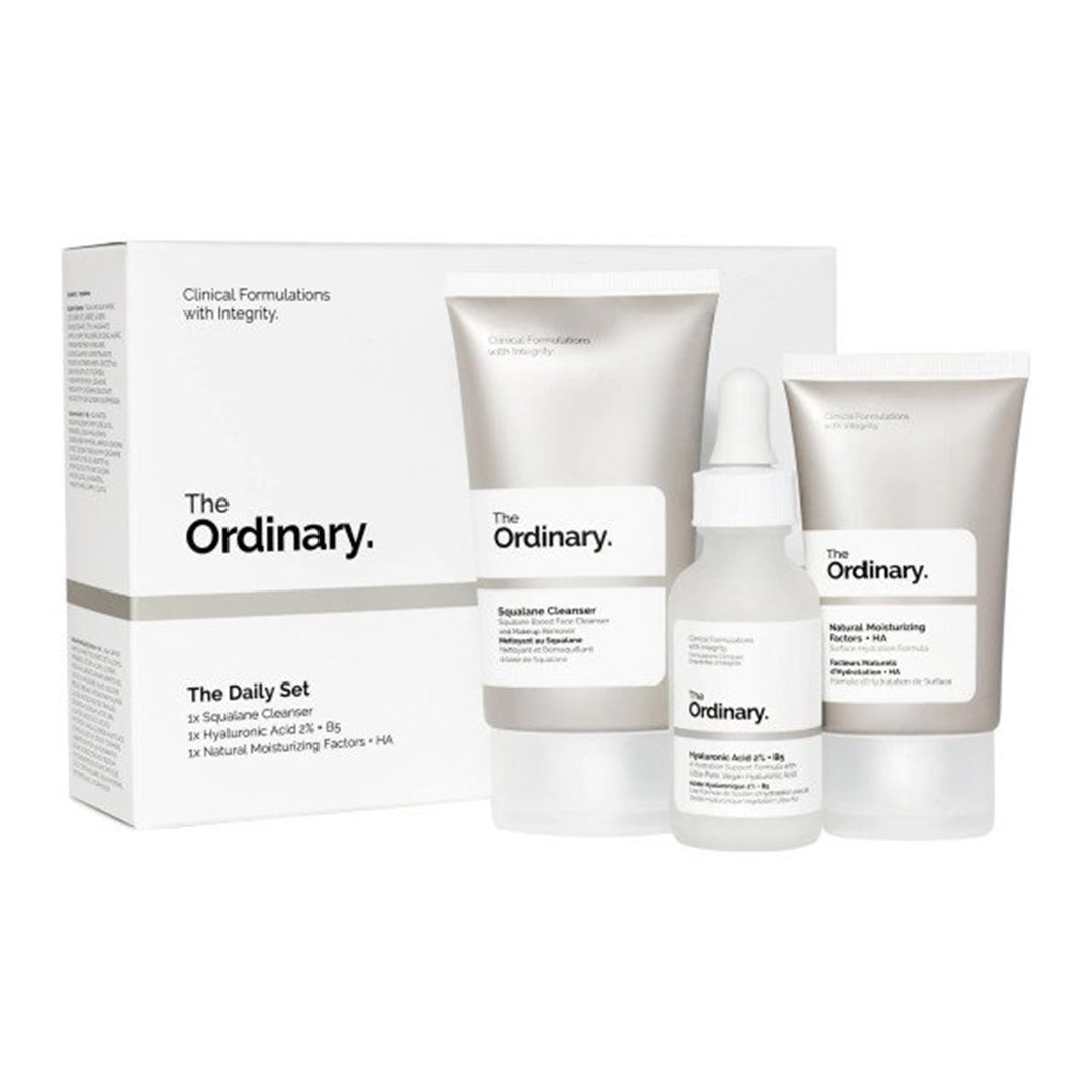 set of The Ordinary skincare products, including cleanser, moisturizer, and serum with box packaging