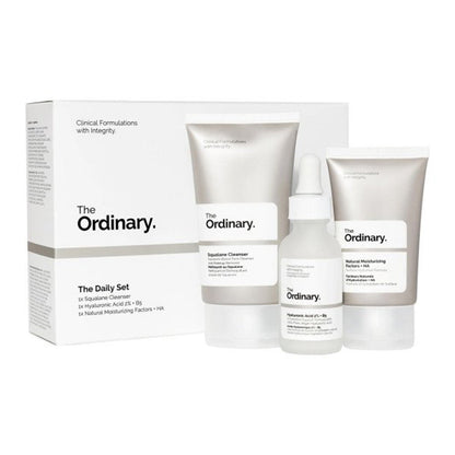 set of The Ordinary skincare products, including cleanser, moisturizer, and serum with box packaging