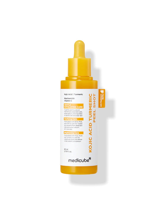 Medicube Kojic Acid Turmeric Peel Shot in bright yellow bottle with dropper, designed for gentle exfoliation and skin brightening.