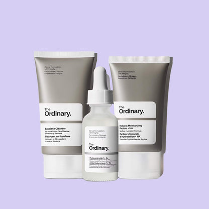 The Ordinary skincare products, including cleanser, moisturizer, and serum