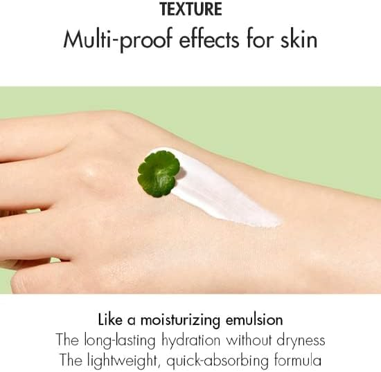 hand with Dr.Ceuracle Cica Regen Waterproof Sun product swatch and a leaf