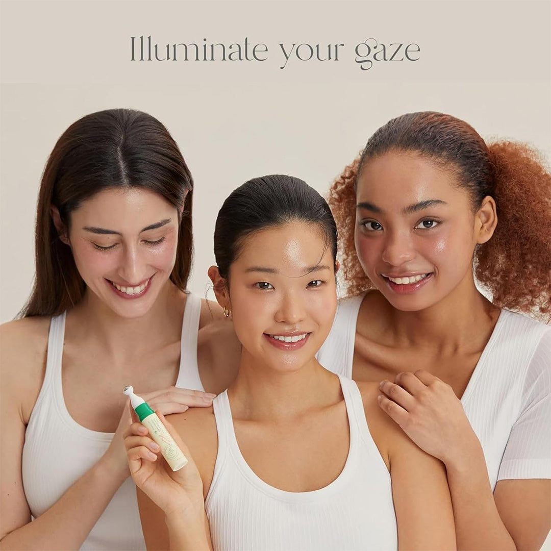 3 women smiling holding AXIS - Y Vegan Collagen Eye Serum