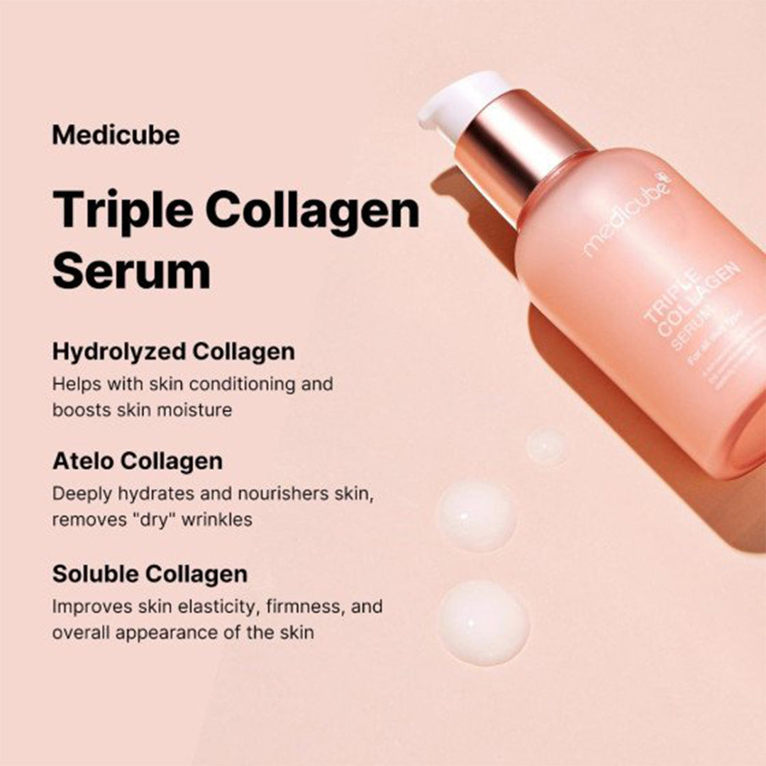 medicube triple collagen serum with product drops on a surface