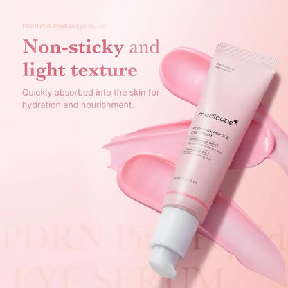 Medicube Salmon DNA PDRN Pink Peptide Eye Cream with multiple product swatches